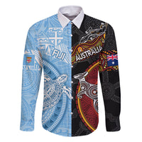 Personalised Fiji and Australia Family Matching Long Sleeve Bodycon Dress and Hawaiian Shirt Masi Patterns Mix Aboriginal Art LT7 Dad's Shirt - Long Sleeve Colorful - Polynesian Pride