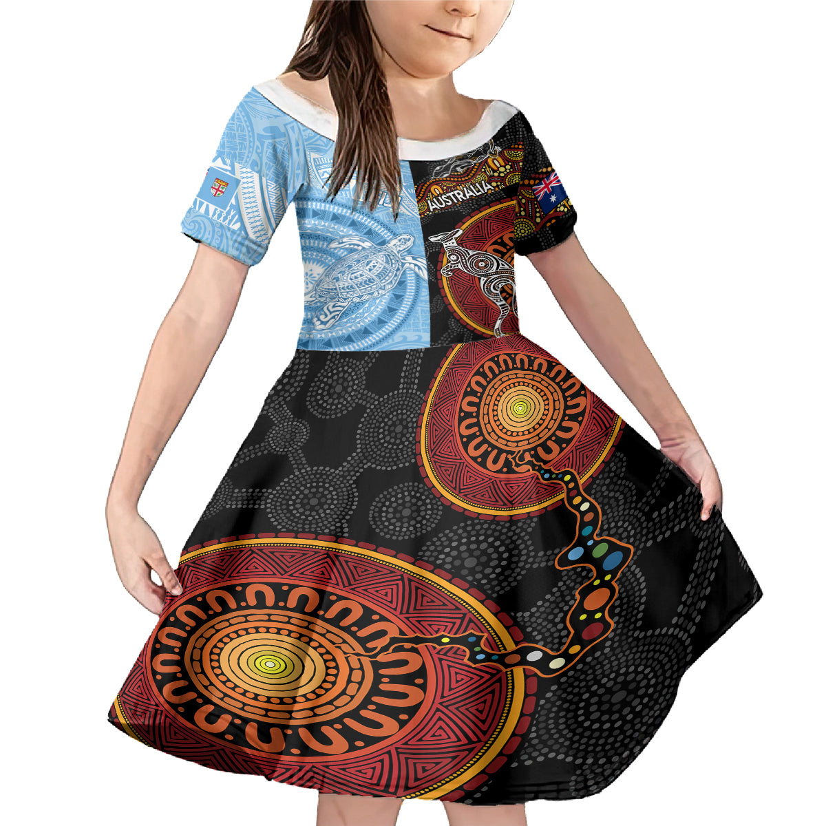 Personalised Fiji and Australia Family Matching Mermaid Dress and Hawaiian Shirt Masi Patterns Mix Aboriginal Art LT7 Daughter's Dress Colorful - Polynesian Pride