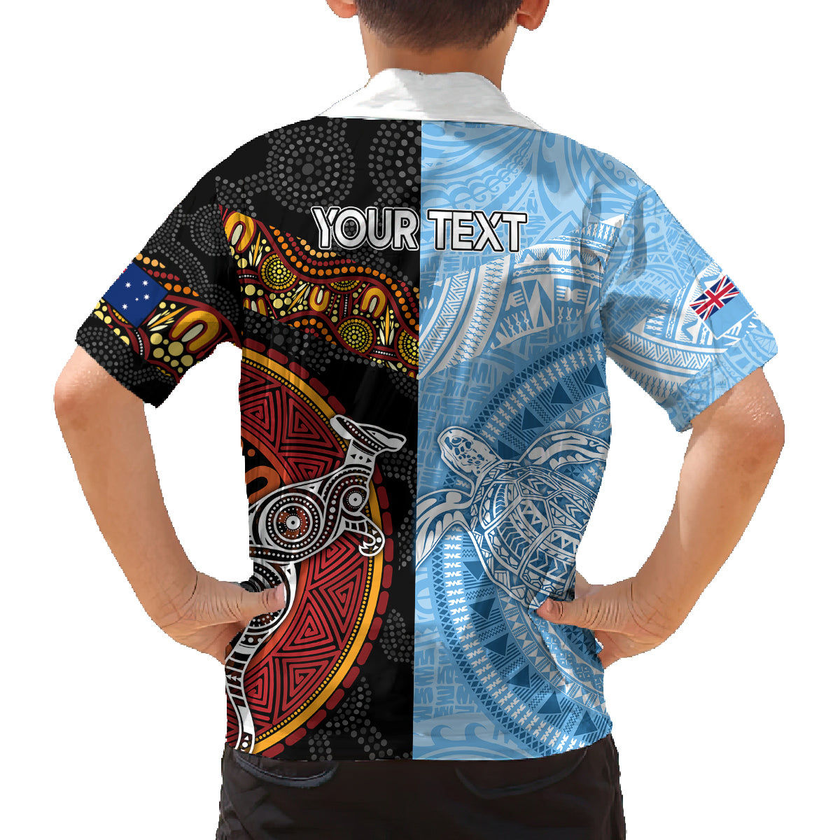 Personalised Fiji and Australia Family Matching Off Shoulder Long Sleeve Dress and Hawaiian Shirt Masi Patterns Mix Aboriginal Art LT7 - Polynesian Pride
