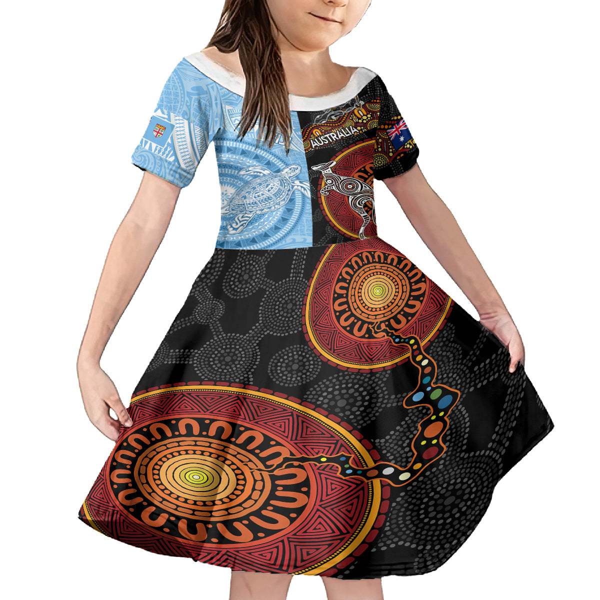 Personalised Fiji and Australia Family Matching Off Shoulder Long Sleeve Dress and Hawaiian Shirt Masi Patterns Mix Aboriginal Art LT7 Daughter's Dress Colorful - Polynesian Pride