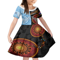 Personalised Fiji and Australia Family Matching Off Shoulder Long Sleeve Dress and Hawaiian Shirt Masi Patterns Mix Aboriginal Art LT7 Daughter's Dress Colorful - Polynesian Pride