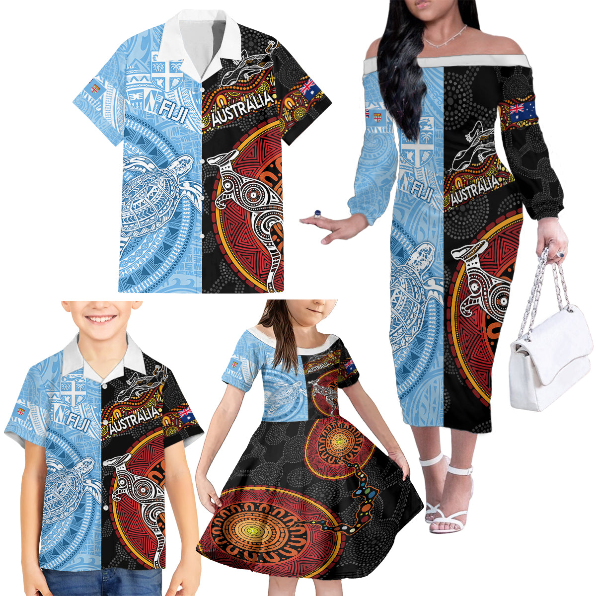 Personalised Fiji and Australia Family Matching Off Shoulder Long Sleeve Dress and Hawaiian Shirt Masi Patterns Mix Aboriginal Art LT7 - Polynesian Pride