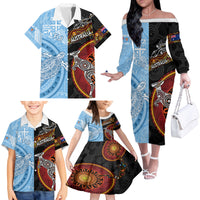 Personalised Fiji and Australia Family Matching Off Shoulder Long Sleeve Dress and Hawaiian Shirt Masi Patterns Mix Aboriginal Art LT7 - Polynesian Pride