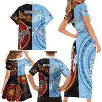 Personalised Fiji and Australia Family Matching Short Sleeve Bodycon Dress and Hawaiian Shirt Masi Patterns Mix Aboriginal Art LT7 - Polynesian Pride