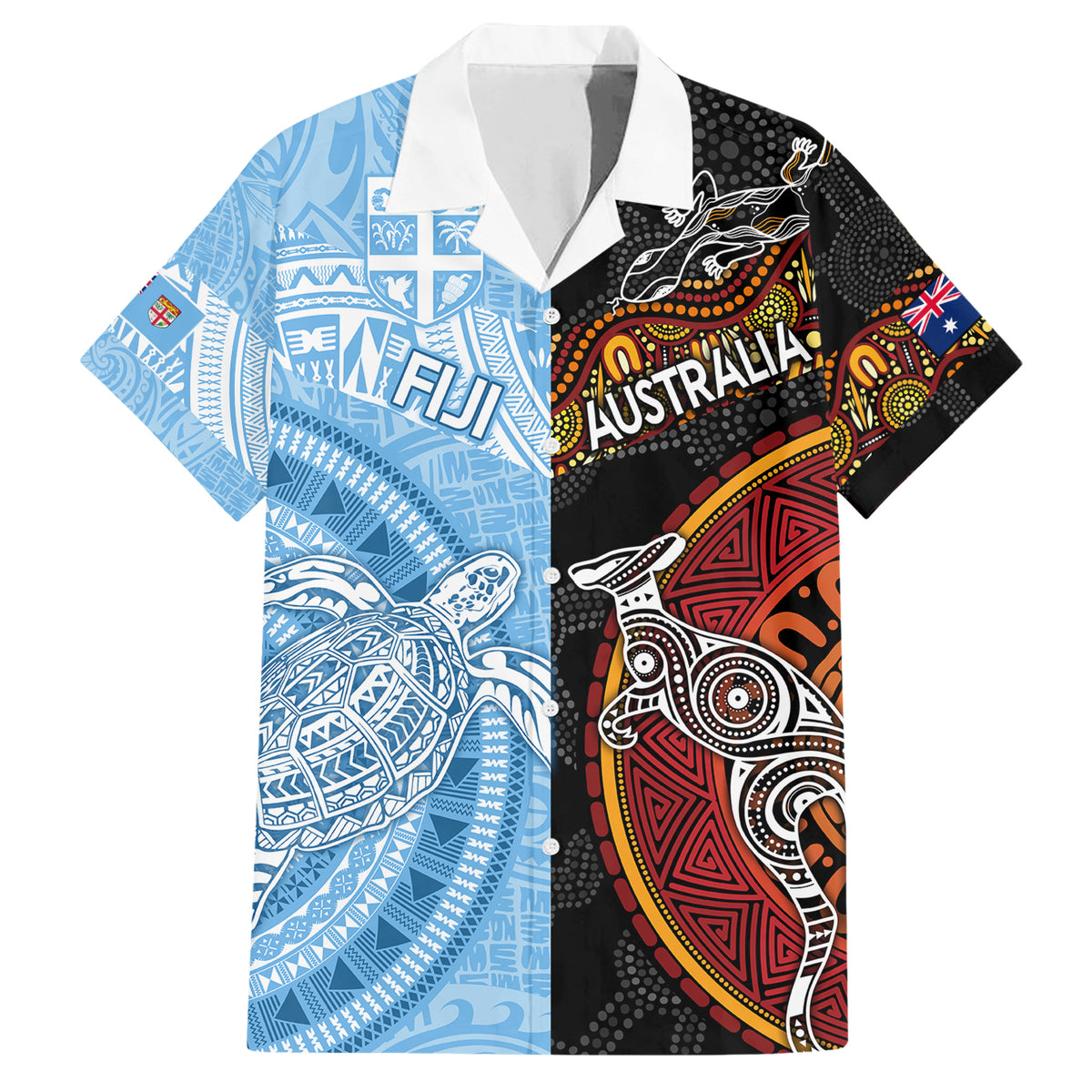 Personalised Fiji and Australia Family Matching Short Sleeve Bodycon Dress and Hawaiian Shirt Masi Patterns Mix Aboriginal Art LT7 Dad's Shirt - Short Sleeve Colorful - Polynesian Pride