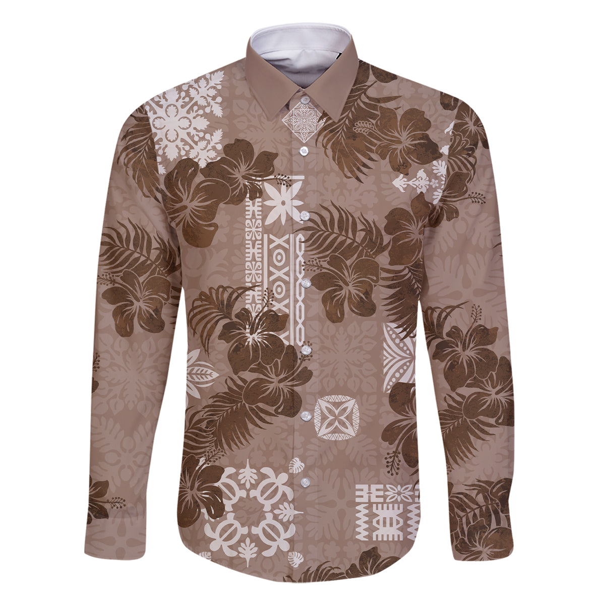 Vintage Hawaii Family Matching Long Sleeve Bodycon Dress and Hawaiian Shirt Hibiscus Mix Hawaiian Quilt Patches - Brown LT7 Dad's Shirt - Long Sleeve Brown - Polynesian Pride