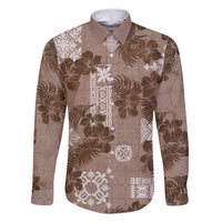 Vintage Hawaii Family Matching Mermaid Dress and Hawaiian Shirt Hibiscus Mix Hawaiian Quilt Patches - Brown LT7 Dad's Shirt - Long Sleeve Brown - Polynesian Pride