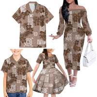 Vintage Hawaii Family Matching Off Shoulder Long Sleeve Dress and Hawaiian Shirt Hibiscus Mix Hawaiian Quilt Patches - Brown LT7 - Polynesian Pride