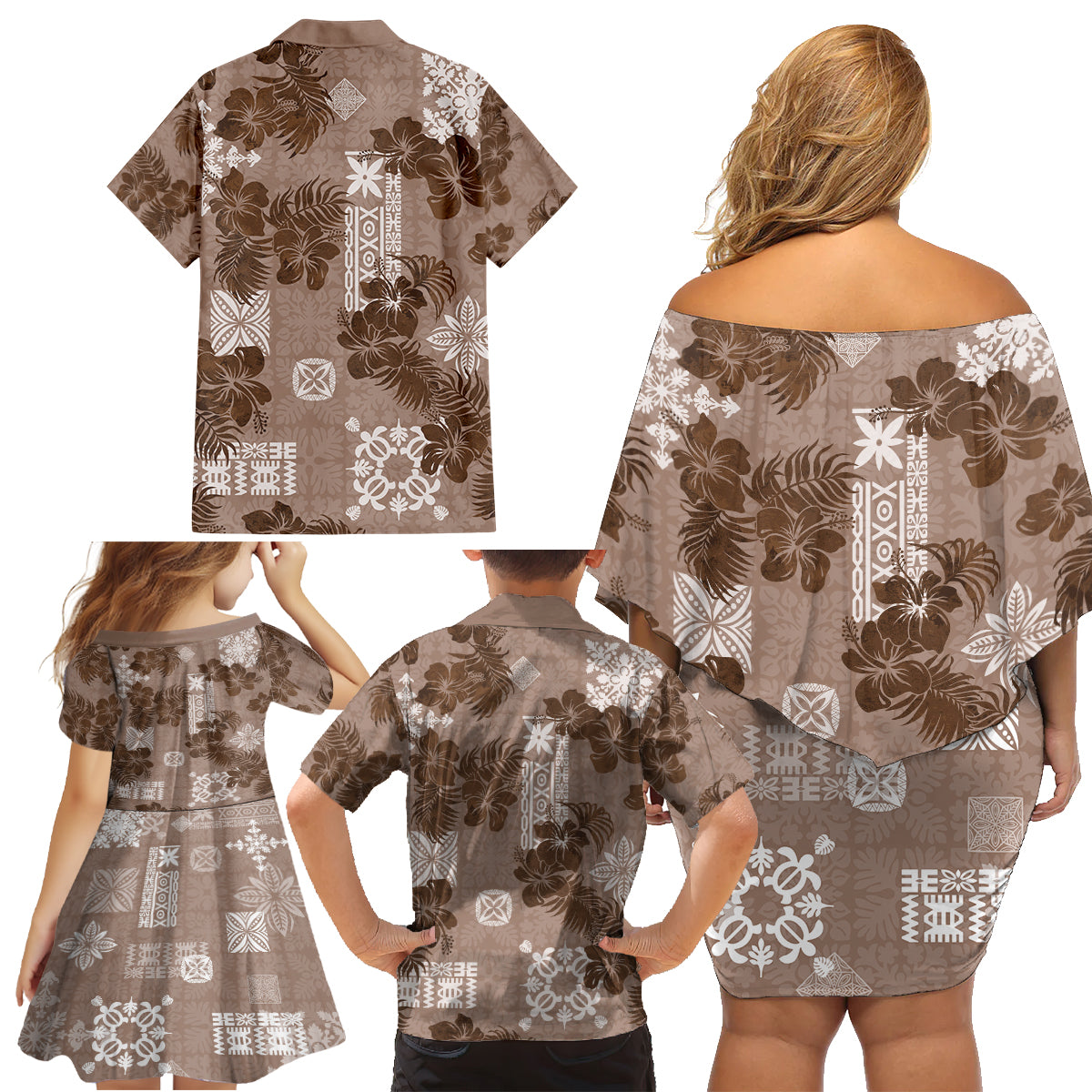 Vintage Hawaii Family Matching Off Shoulder Short Dress and Hawaiian Shirt Hibiscus Mix Hawaiian Quilt Patches - Brown LT7 - Polynesian Pride