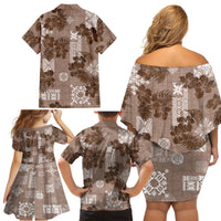 Vintage Hawaii Family Matching Off Shoulder Short Dress and Hawaiian Shirt Hibiscus Mix Hawaiian Quilt Patches - Brown LT7 - Polynesian Pride