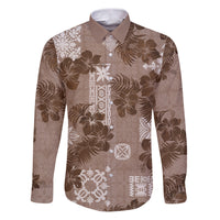 Vintage Hawaii Family Matching Puletasi Dress and Hawaiian Shirt Hibiscus Mix Hawaiian Quilt Patches - Brown LT7 Dad's Shirt - Long Sleeve Brown - Polynesian Pride