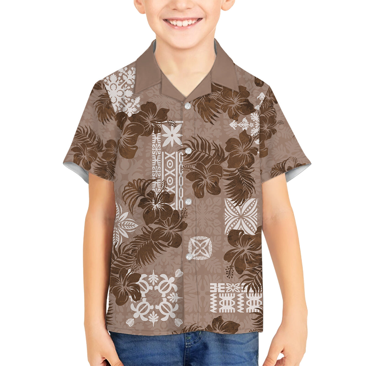Vintage Hawaii Family Matching Puletasi Dress and Hawaiian Shirt Hibiscus Mix Hawaiian Quilt Patches - Brown LT7 Son's Shirt Brown - Polynesian Pride