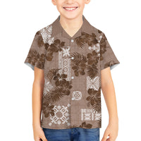 Vintage Hawaii Family Matching Summer Maxi Dress and Hawaiian Shirt Hibiscus Mix Hawaiian Quilt Patches - Brown LT7 Son's Shirt Brown - Polynesian Pride