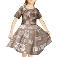 Vintage Hawaii Kid Short Sleeve Dress Hibiscus Mix Hawaiian Quilt Patches - Brown LT7 - Polynesian Pride