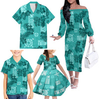 Vintage Hawaii Family Matching Off Shoulder Long Sleeve Dress and Hawaiian Shirt Hibiscus Mix Hawaiian Quilt Patches - Teal LT7 - Polynesian Pride
