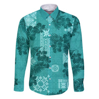Vintage Hawaii Family Matching Off Shoulder Short Dress and Hawaiian Shirt Hibiscus Mix Hawaiian Quilt Patches - Teal LT7 Dad's Shirt - Long Sleeve Teal - Polynesian Pride
