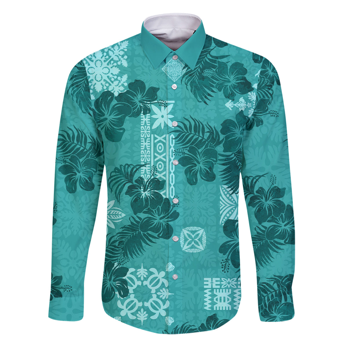 Vintage Hawaii Family Matching Summer Maxi Dress and Hawaiian Shirt Hibiscus Mix Hawaiian Quilt Patches - Teal LT7 Dad's Shirt - Long Sleeve Teal - Polynesian Pride