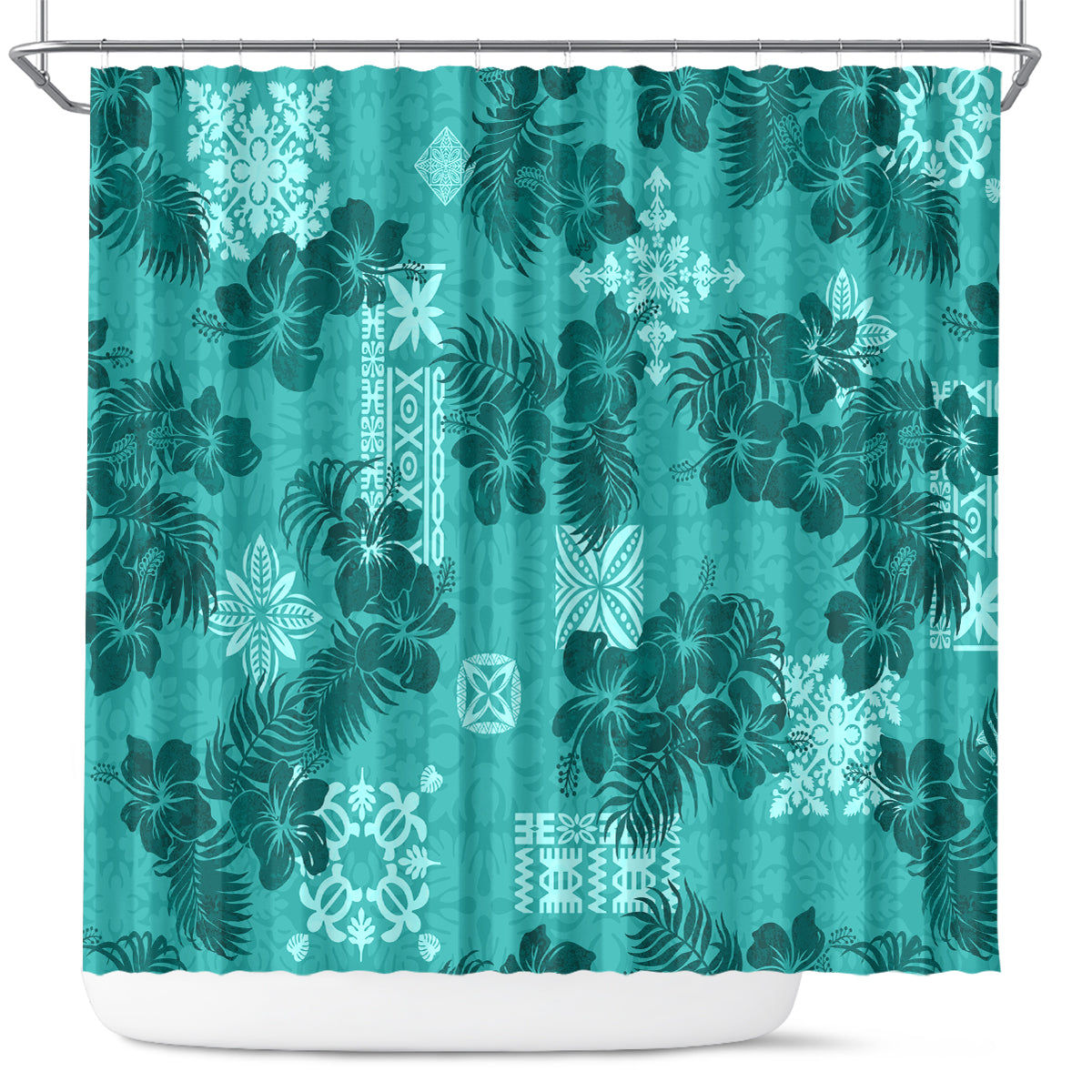 Vintage Hawaii Shower Curtain Hibiscus Mix Hawaiian Quilt Patches - Teal LT7 Teal - Polynesian Pride
