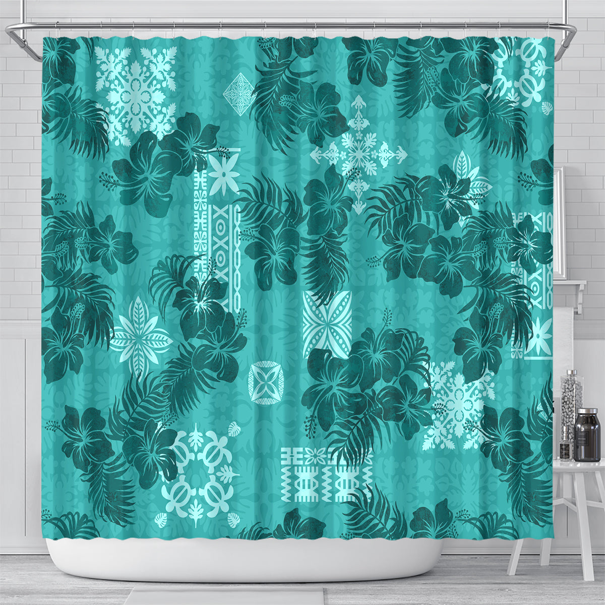 Vintage Hawaii Shower Curtain Hibiscus Mix Hawaiian Quilt Patches - Teal LT7 - Polynesian Pride
