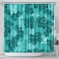 Vintage Hawaii Shower Curtain Hibiscus Mix Hawaiian Quilt Patches - Teal LT7 - Polynesian Pride