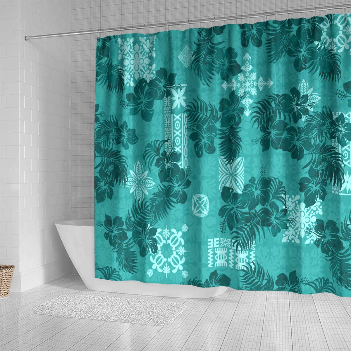 Vintage Hawaii Shower Curtain Hibiscus Mix Hawaiian Quilt Patches - Teal LT7 - Polynesian Pride