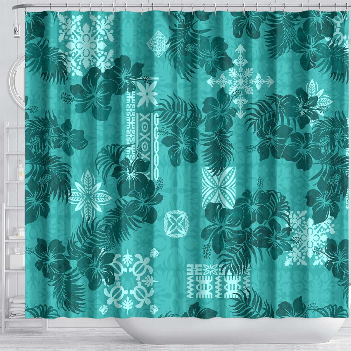 Vintage Hawaii Shower Curtain Hibiscus Mix Hawaiian Quilt Patches - Teal LT7 - Polynesian Pride