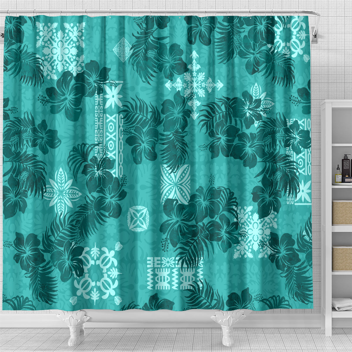 Vintage Hawaii Shower Curtain Hibiscus Mix Hawaiian Quilt Patches - Teal LT7 - Polynesian Pride