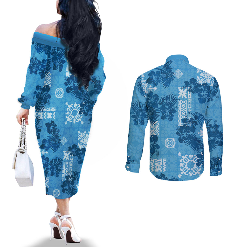 Hawaii Tapa Couples Matching Off The Shoulder Long Sleeve Dress and Long Sleeve Button Shirt Hibiscus Mix Hawaiian Quilt Patches - Blue LT7 - Polynesian Pride