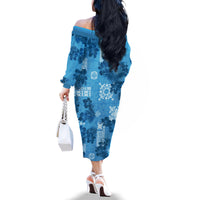 Hawaii Tapa Family Matching Off Shoulder Long Sleeve Dress and Hawaiian Shirt Hibiscus Mix Hawaiian Quilt Patches - Blue LT7 - Polynesian Pride