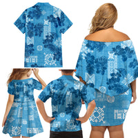 Hawaii Tapa Family Matching Off Shoulder Short Dress and Hawaiian Shirt Hibiscus Mix Hawaiian Quilt Patches - Blue LT7 - Polynesian Pride