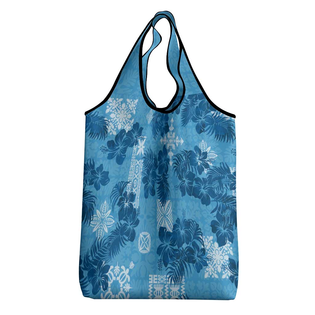 Hawaii Tapa Grocery Bag Hibiscus Mix Hawaiian Quilt Patches - Blue