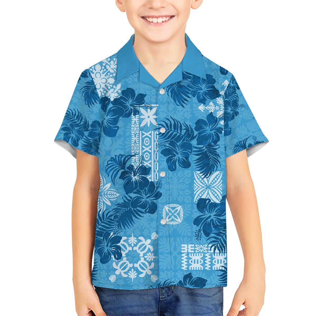 Hawaii Tapa Hawaiian Shirt Hibiscus Mix Hawaiian Quilt Patches - Blue LT7 - Polynesian Pride