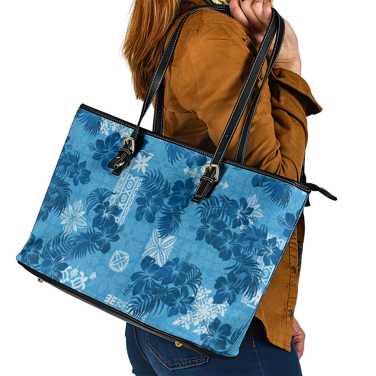 Hawaii Tapa Leather Tote Bag Hibiscus Mix Hawaiian Quilt Patches - Blue LT7 - Polynesian Pride