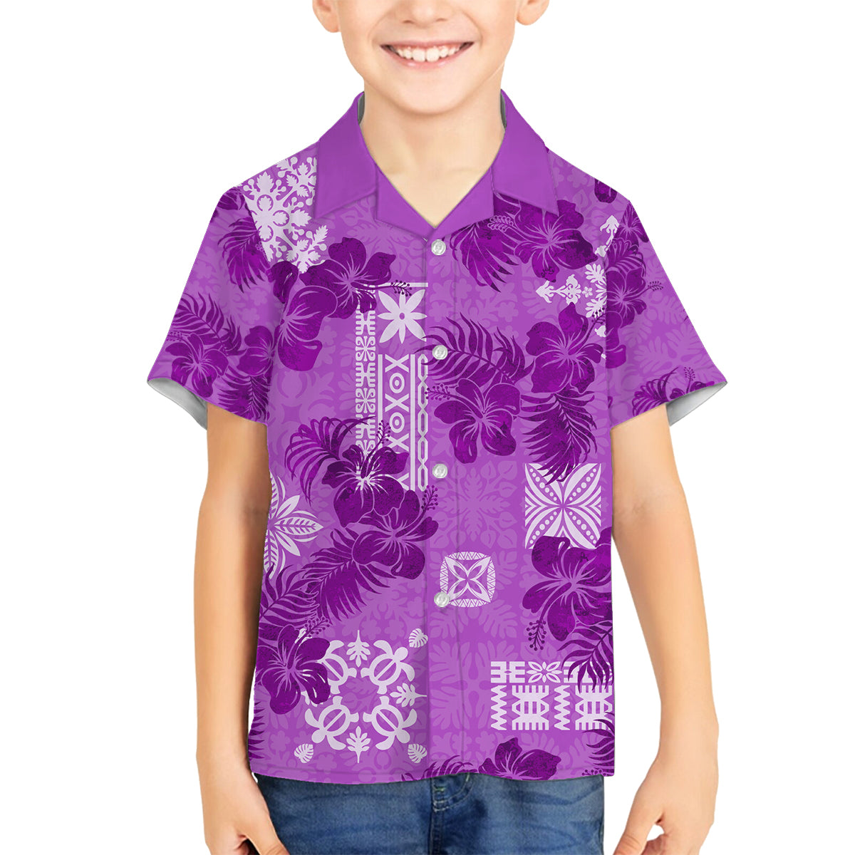 Hawaii Tapa Family Matching Long Sleeve Bodycon Dress and Hawaiian Shirt Hibiscus Mix Hawaiian Quilt Patches - Violet LT7 Son's Shirt Violet - Polynesian Pride