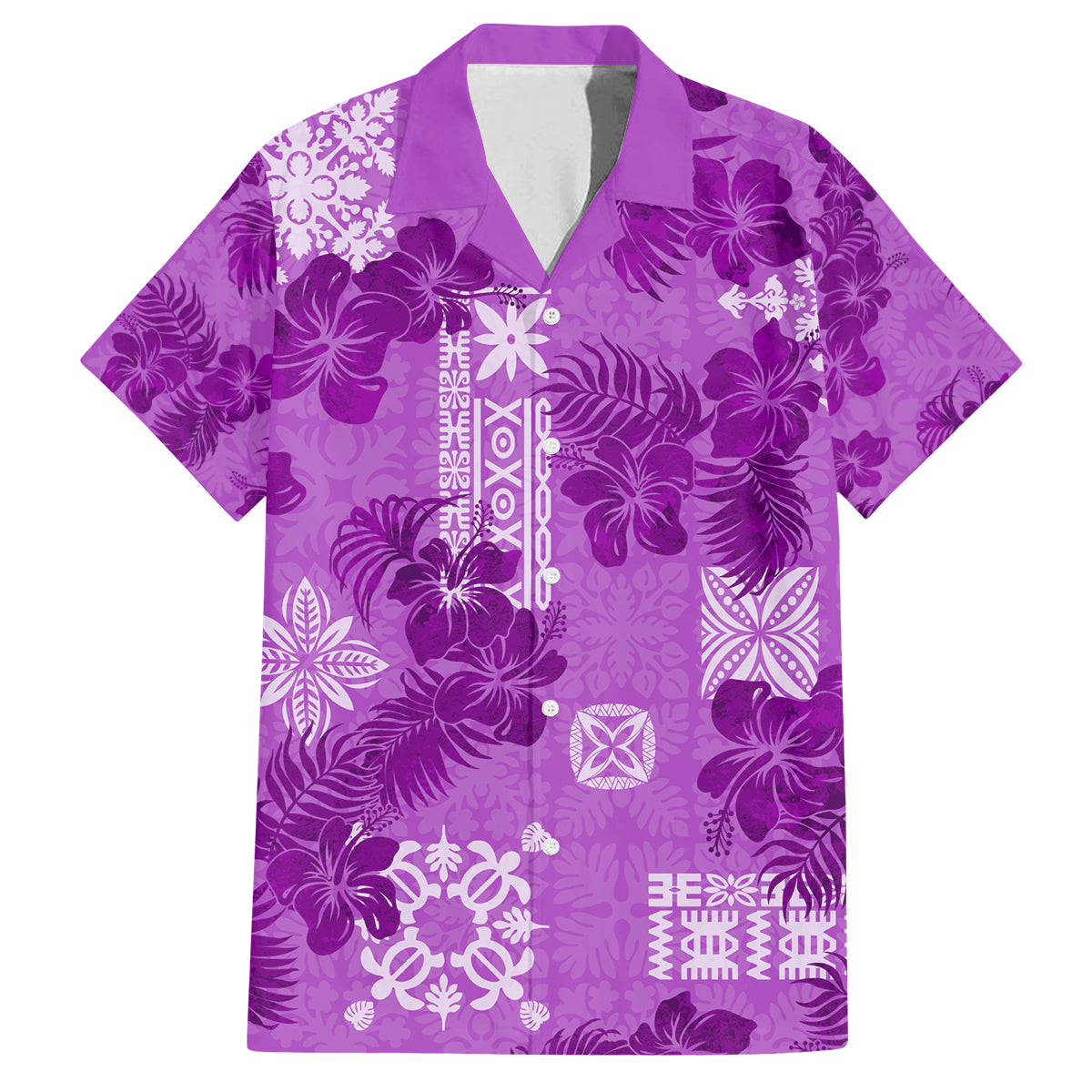 Hawaii Tapa Family Matching Off Shoulder Long Sleeve Dress and Hawaiian Shirt Hibiscus Mix Hawaiian Quilt Patches - Violet LT7 Dad's Shirt - Short Sleeve Violet - Polynesian Pride