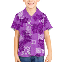 Hawaii Tapa Family Matching Off Shoulder Maxi Dress and Hawaiian Shirt Hibiscus Mix Hawaiian Quilt Patches - Violet LT7 Son's Shirt Violet - Polynesian Pride