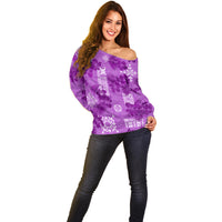 Hawaii Tapa Off Shoulder Sweater Hibiscus Mix Hawaiian Quilt Patches - Violet LT7 - Polynesian Pride