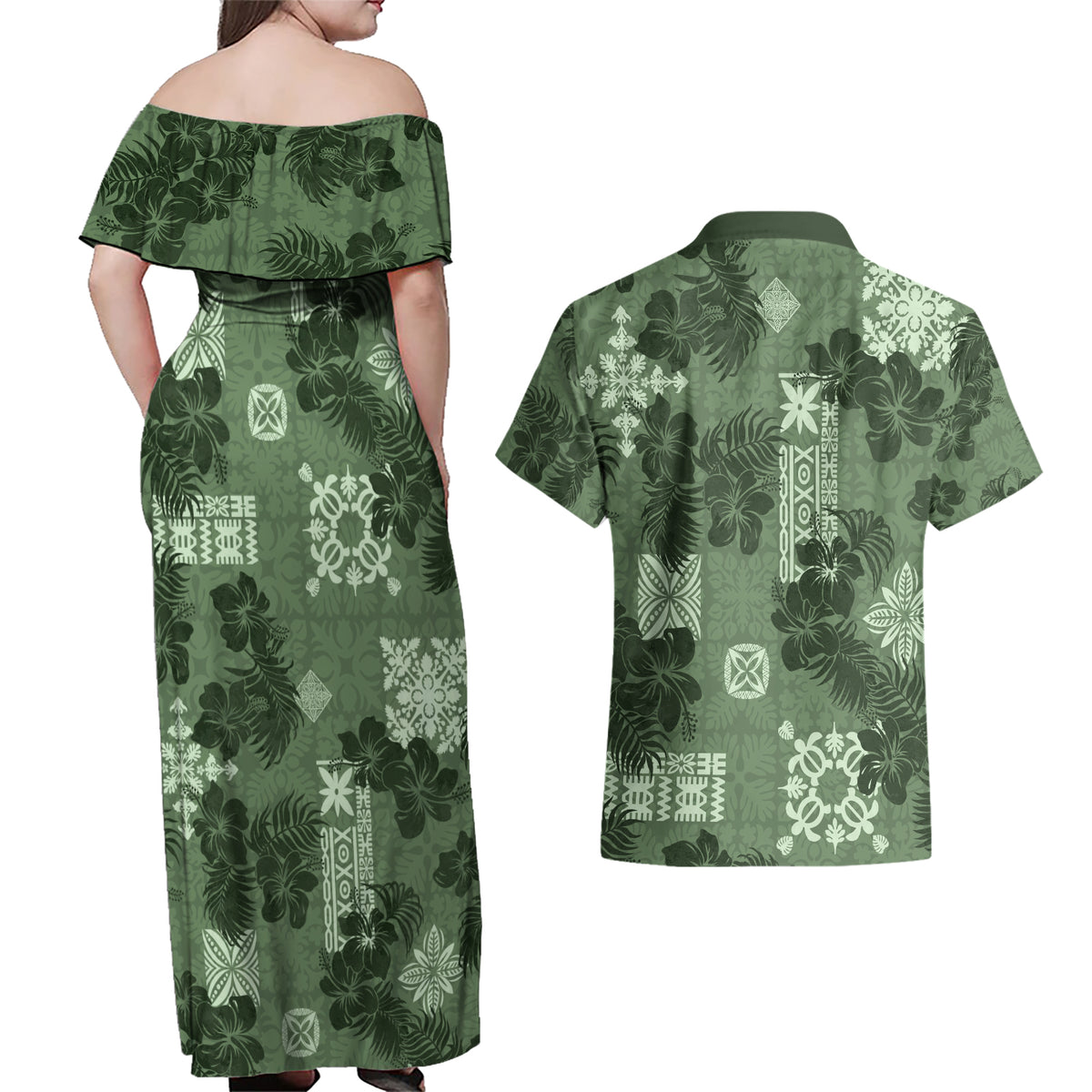 Hawaii Tapa Couples Matching Off Shoulder Maxi Dress and Hawaiian Shirt Hibiscus Mix Hawaiian Quilt Patches - Sage Green LT7 - Polynesian Pride