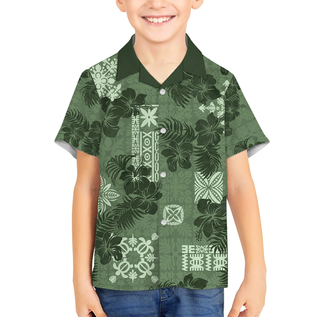 Hawaii Tapa Family Matching Off Shoulder Long Sleeve Dress and Hawaiian Shirt Hibiscus Mix Hawaiian Quilt Patches - Sage Green LT7 Son's Shirt Sage Green - Polynesian Pride
