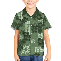 Hawaii Tapa Family Matching Off Shoulder Long Sleeve Dress and Hawaiian Shirt Hibiscus Mix Hawaiian Quilt Patches - Sage Green LT7 Son's Shirt Sage Green - Polynesian Pride