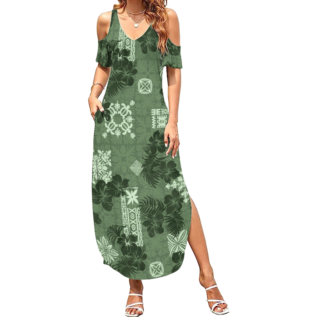 Hawaii Tapa Family Matching Summer Maxi Dress and Hawaiian Shirt Hibiscus Mix Hawaiian Quilt Patches - Sage Green LT7 Mom's Dress Sage Green - Polynesian Pride