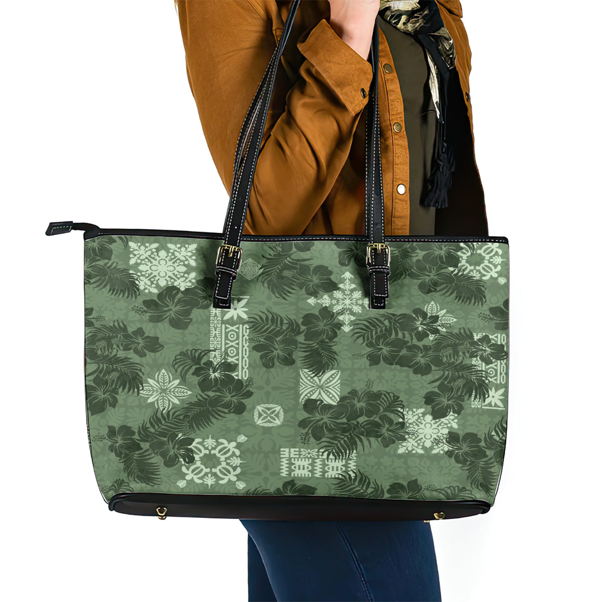 Hawaii Tapa Leather Tote Bag Hibiscus Mix Hawaiian Quilt Patches - Sage Green LT7 - Polynesian Pride