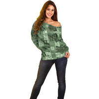 Hawaii Tapa Off Shoulder Sweater Hibiscus Mix Hawaiian Quilt Patches - Sage Green LT7 - Polynesian Pride