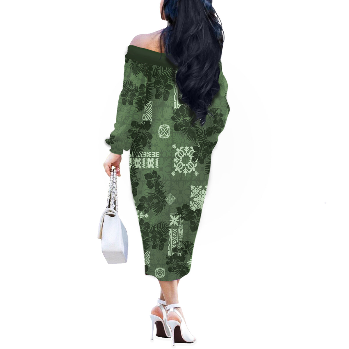 Hawaii Tapa Off The Shoulder Long Sleeve Dress Hibiscus Mix Hawaiian Quilt Patches - Sage Green LT7 - Polynesian Pride