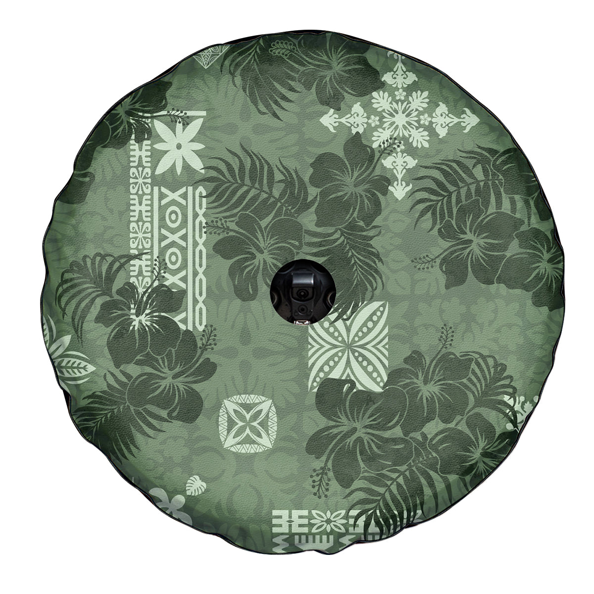 Hawaii Tapa Spare Tire Cover Hibiscus Mix Hawaiian Quilt Patches - Sage Green LT7 - Polynesian Pride