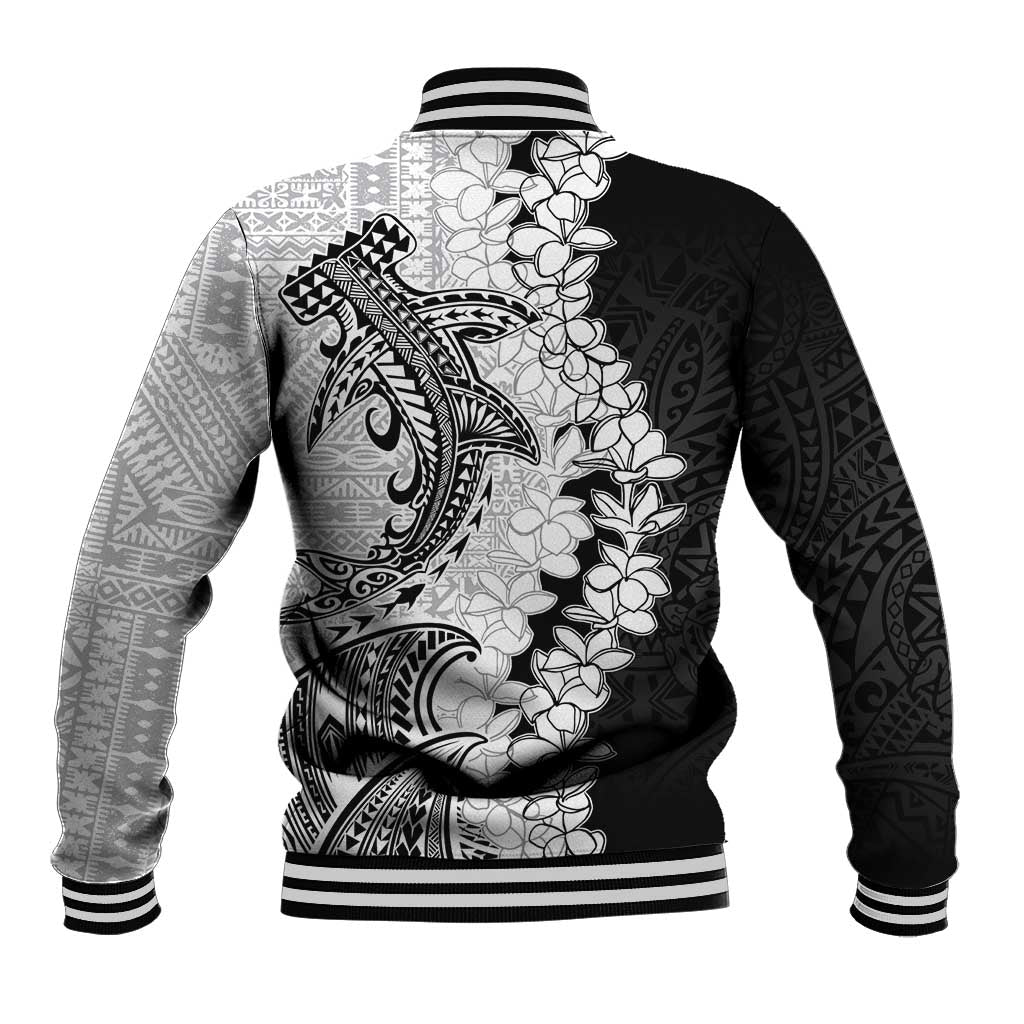 Polynesian Plumeria Lei Baseball Jacket with Hammerhead Shark