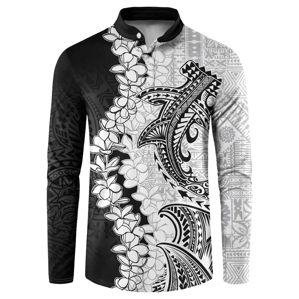 Polynesian Plumeria Lei Button Sweatshirt with Hammerhead Shark
