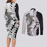 Polynesian Plumeria Lei Couples Matching Long Sleeve Bodycon Dress and Long Sleeve Button Shirt with Hammerhead Shark