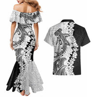 Polynesian Plumeria Lei Couples Matching Mermaid Dress and Hawaiian Shirt with Hammerhead Shark