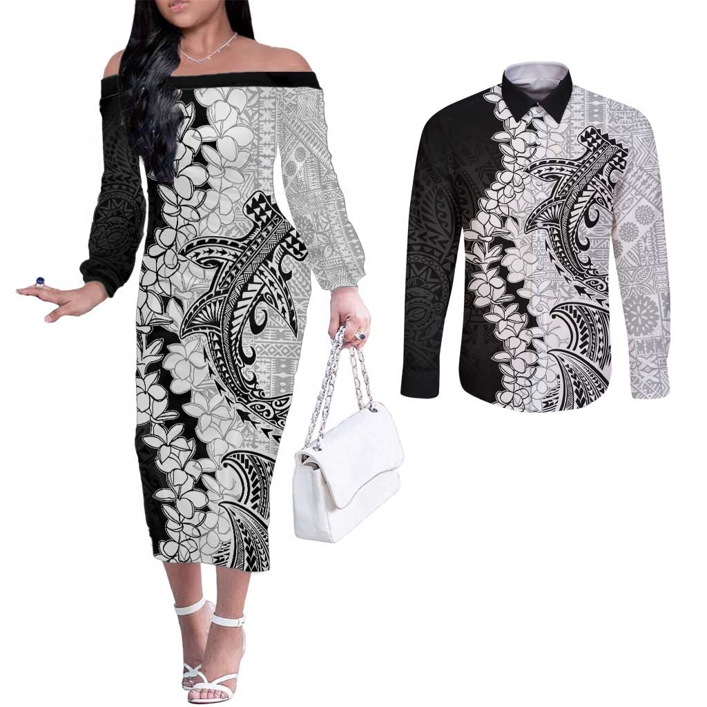 Polynesian Plumeria Lei Couples Matching Off The Shoulder Long Sleeve Dress and Long Sleeve Button Shirt with Hammerhead Shark